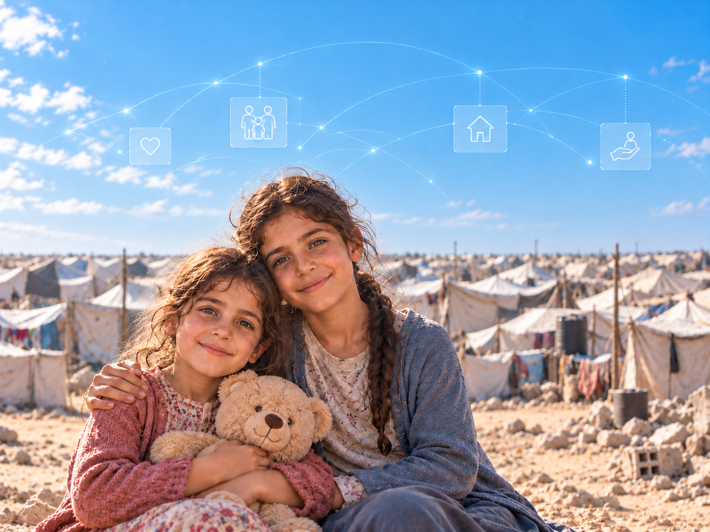 طفلتان تحتضنان دمية أمام البحر